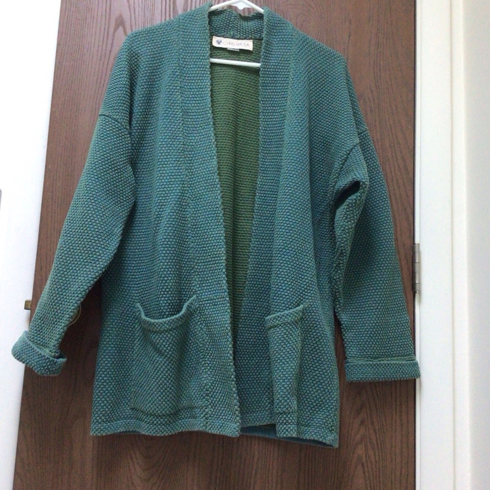 Chris Triola green nubby cardigan pockets 100% cotton, open front, sz M